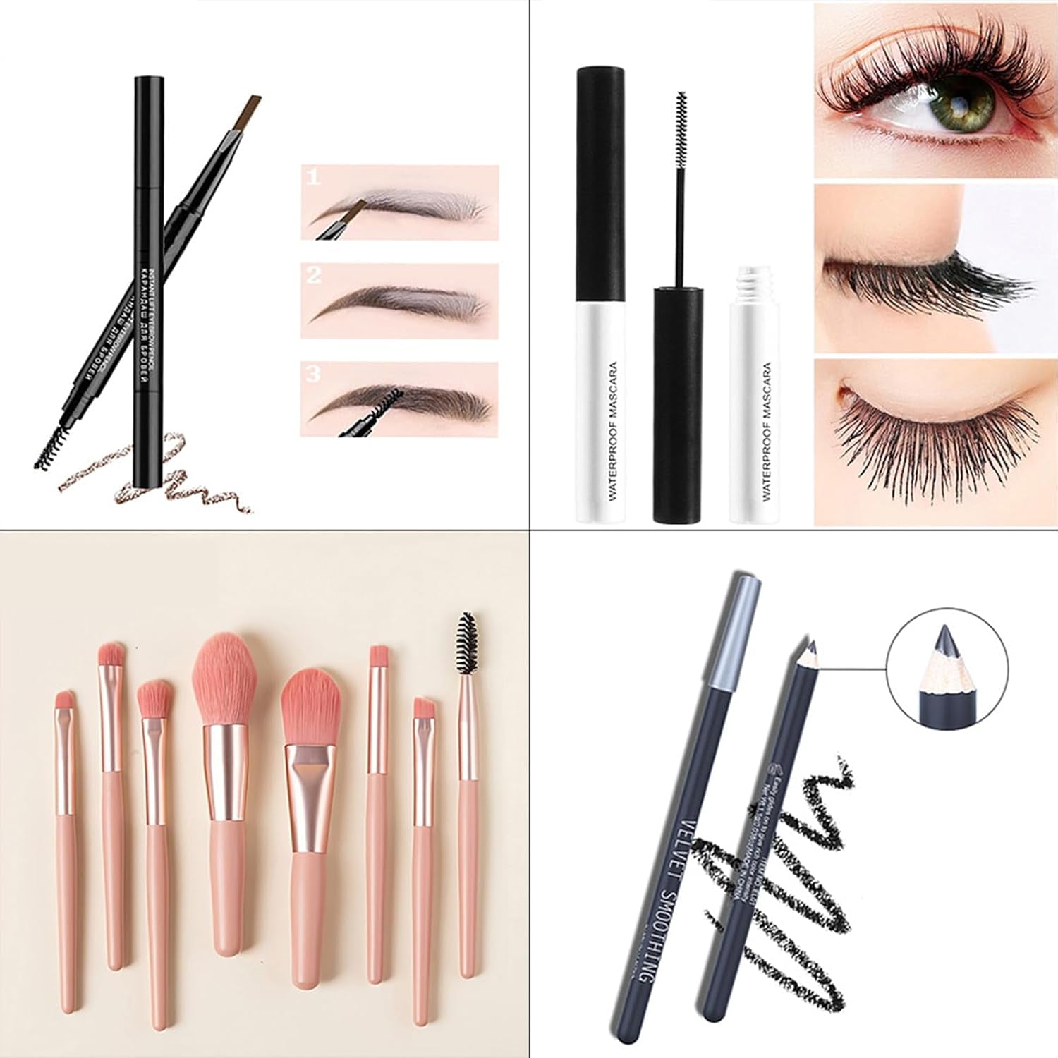 Eyes Makeup Set with Eyeshadow Palette Eyeliner Pencil Eyebrow Pencil Mascara and Makeup Brushes All in One Beauty Cosmetic for Essential Starter