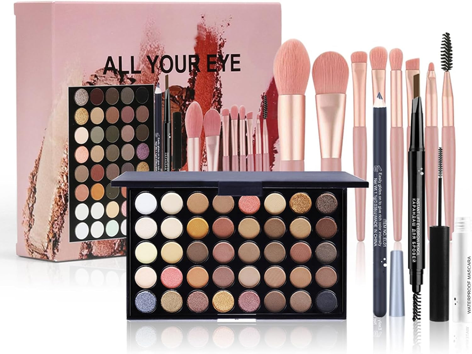 Eyes Makeup Set with Eyeshadow Palette Eyeliner Pencil Eyebrow Pencil Mascara and Makeup Brushes All in One Beauty Cosmetic for Essential Starter