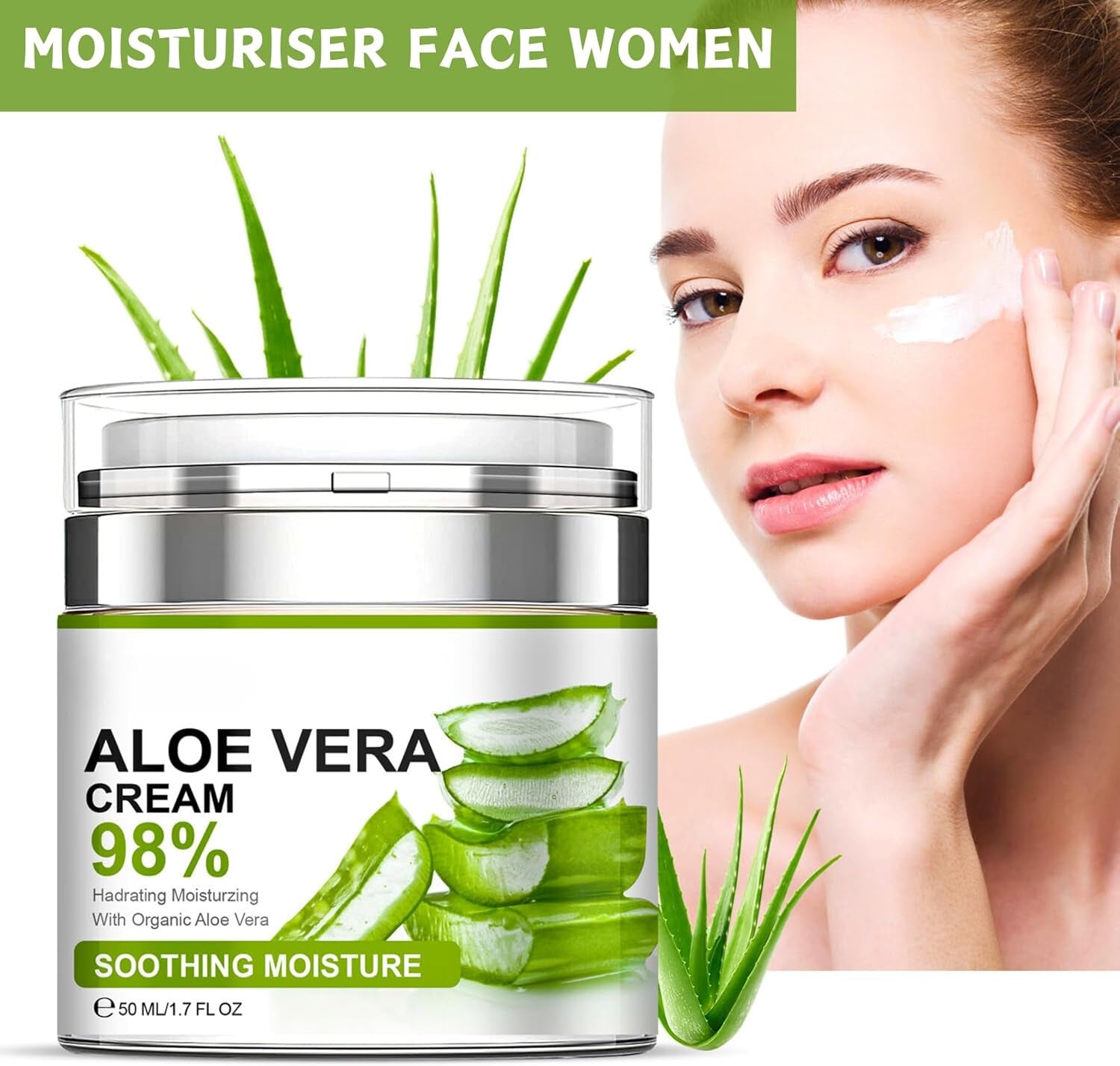 Aloe Vera Cream, 98% Aloe Vera Face Cream, Face & Body Moisturizing Cream with Organic Aloe Vera Gel, Aloe Vera Face Moisturizer, Nourishing, Smoothing Moisturizing Lotion for Face & Body