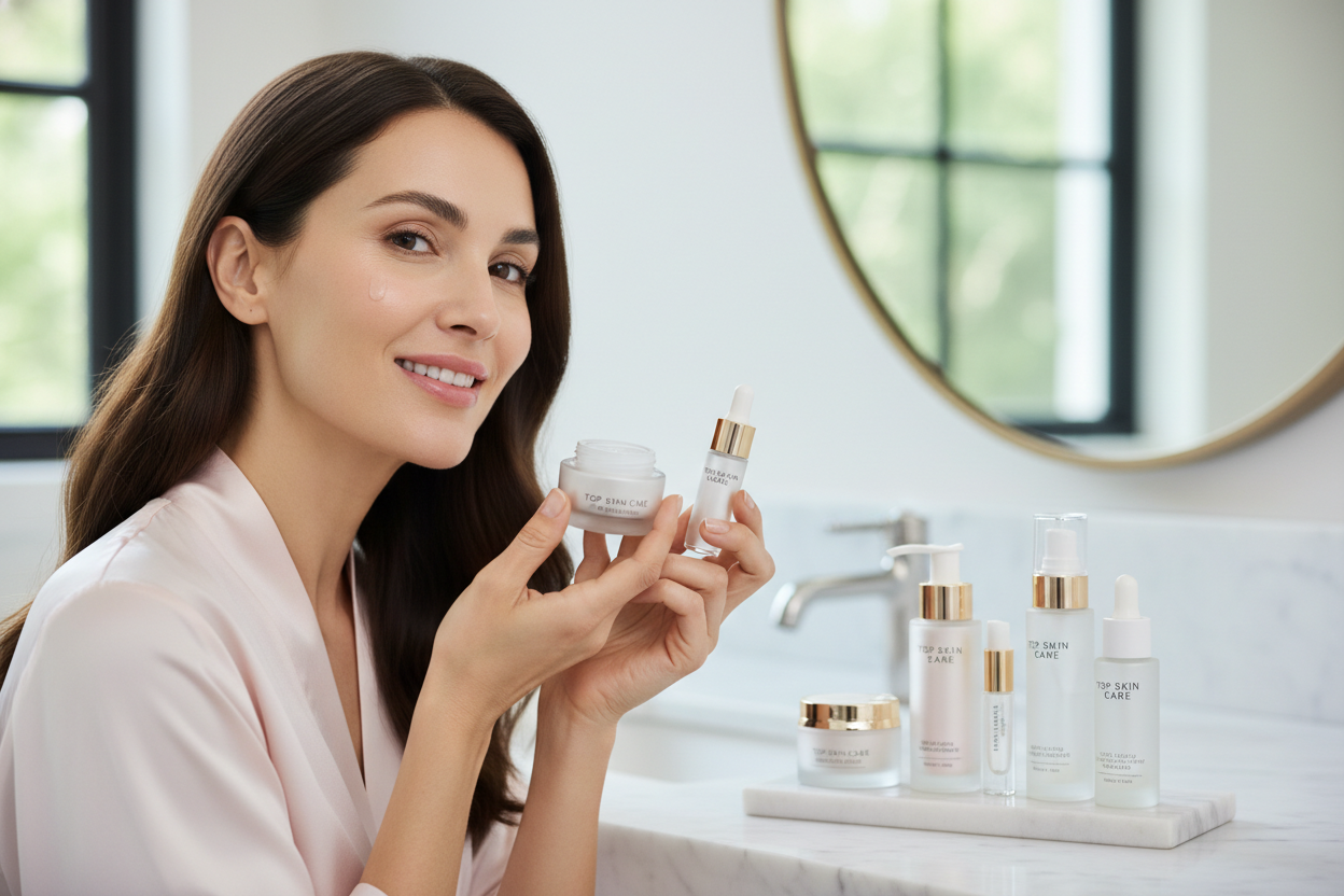 Create a picture a stanning women using our product Top Skin Care - Anti-aging products